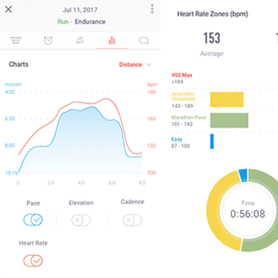 Training data from a logged run: pace and heart-rate charts with zone breakdown